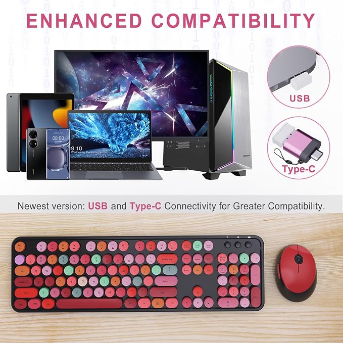 Wireless Keyboard and Mouse Combo, Ergonomic Full Size Typewriter Retro Round Keycaps Keyboard, Compatible with Windows, PC, Perfer for Home and Office Keyboards (Red