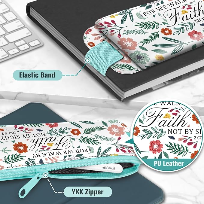 FINPAC 2-Pack Elastic Pen Holder for Notebook Leather Pen Holder | Stationery Zipper Bag for Pencils, Pen Pouch with Elastic Band for Bible Journaling, Planners, Tablets, Spring Bloom