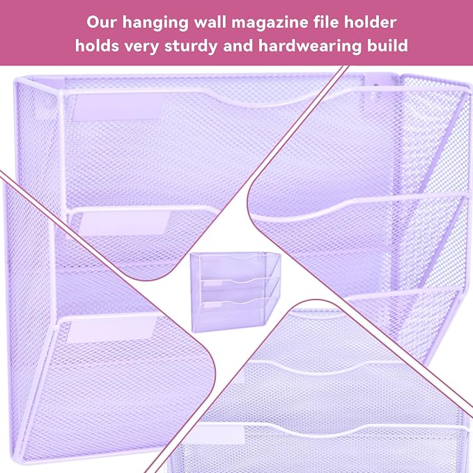3 Pockets Mesh Wall File Holder Organizer Office Hanging File Folder Magazine Rack, Nametag Label Hooks Set Included (Purple)