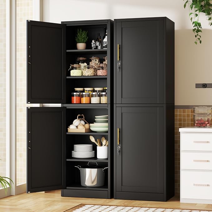 Tall Metal Narrow Bathroom Storage Locker Cabinet 67" H,Black Kitchen Pantry Cabinets with 4 Adjustable Shelves and 2 Lockable Doors,File Cabinet Organizer for Kitchen Home Office Living Dining Room