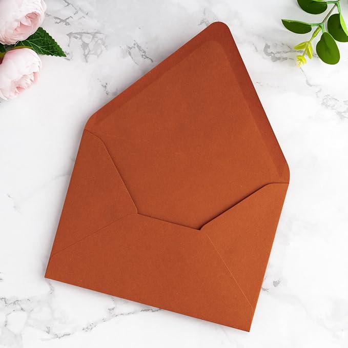 PONATIA 50 PCS/Pack A7 Envelopes, Euro Flap 5x7 Envelopes for Wedding Invitations, Greeting Cards, Acrylic Invitations, Photos, Postcards, Christmas Mailing 5.25 x 7.25 inches (Burnt Orange)