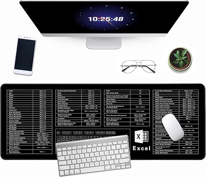 Excel Cheat Sheet Desk Pad, 31.5"x11.8", Waterproof Extra Large Excel Shortcut Mat with Stitched Edges, Anti-Slip Excel Mouse Pad for Office Desk, MS Excel/Word Shortcuts (Black Excel)