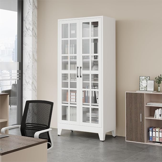 QINPTWUT 71" Tall Glass Door Storage Cabinet, Modern Metal Pantry Cabinet with 4 Adjustable Shelves, Freestanding Display Cabinet for Kitchen, Living Room, Dining Room, Home Office (White)