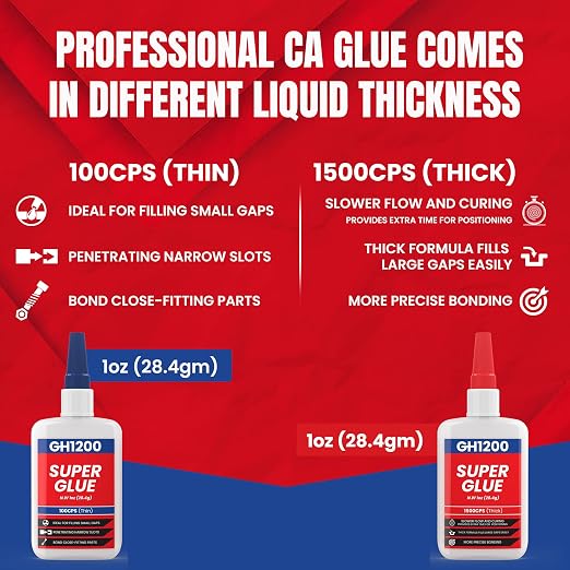 57 Grams (2 oz) 100/1500 CPS (Thin/Thick) Super Glue All Purpose with Anti Clog Cap. Ca Glue - Adhesive SuperGlue. Cyanoacrylate Glue for Hard Plastics, DIY Craft, Metal 1 Oz Each