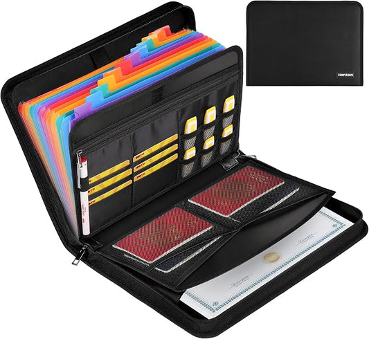 Hontom Accordion File Organizer with 5200℉ Heat Insulated, Fireproof Document Organizer with Handle, Business Home Portable Fireproof Safe File Folder with Zipper (13 Pocket，Colorful, Black)