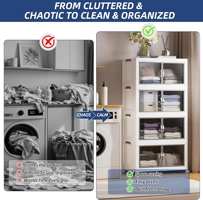 SAILUN 580Qt Stackable Storage Bins,Storage Cabinet Drawer with a Lid,White | Stackable Storage Drawers with Lids,26" W x 17" D x 71" H,Featuring open-front Access for Closet Storage