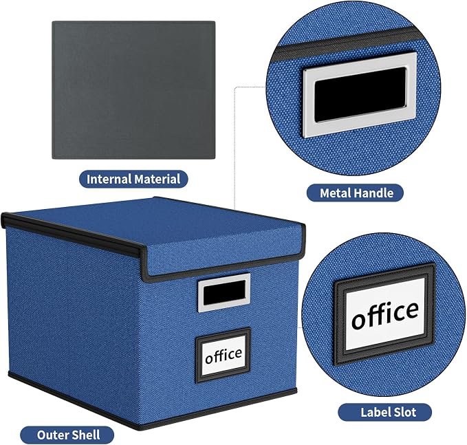 File Organizer Box with Lids, Collapsible File Folder Organizer | File Box with Plastic Slides for Document, Filing Bin for Letter Size Hanging File Folders (1 Pack, Royal Blue)