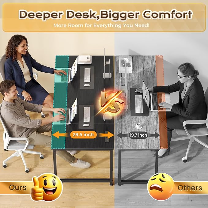 63 X 30 Inch Extra Deep Desk with Power Outlets | Long Computer Desk for Bedroom, Office Desk for Work from Home, Writing Study Gaming Table, Stable Metal Frame, Black