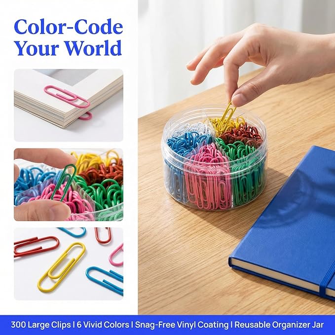 Colored Jumbo Paper Clips, 2 Inch (50mm), 300PCS | Vinyl Coated, Rust Proof, Storage Box Included, For Office School Home Document