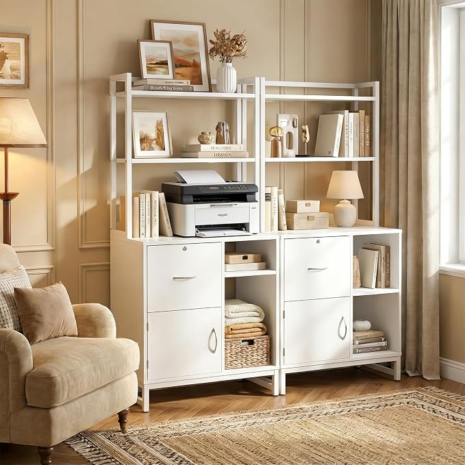 Vertical Filing Cabinet with Bookshelf for Home Office, White | File Cabinet with Shelves, Lock & Charging Station, Drawer Office File Cabinets with Printer Stand, fits Letter Size