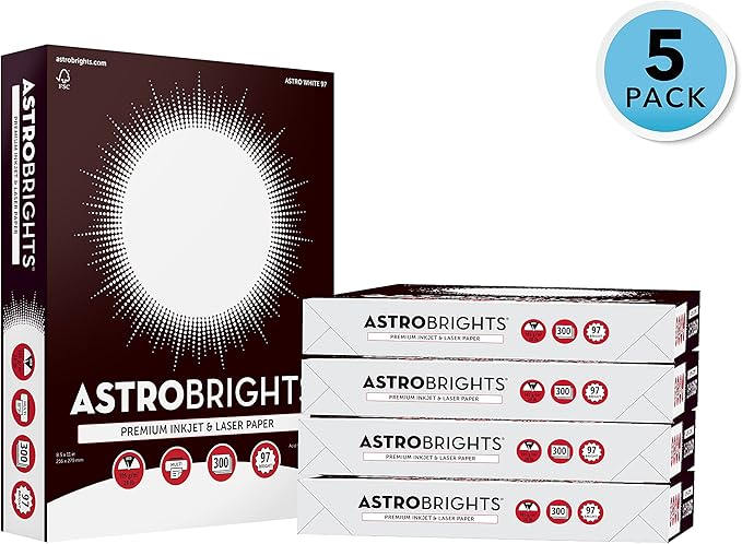 Astrobrights® Printer & Copy Paper, 8.5" x 11", 28lb/105gsm, 97 Brightness, White, 5 reams of 300 sheets per ream, 1,500 sheets per carton (91738-01)