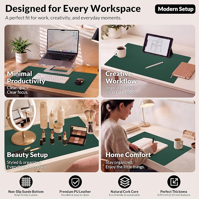 AFIING Cork Desk Mat, Dark Green, 31.5" x 17",Desk pad Protector | Dual-Sided Cork & PU Leather, Waterproof, Non-Slip, For Office & Gaming