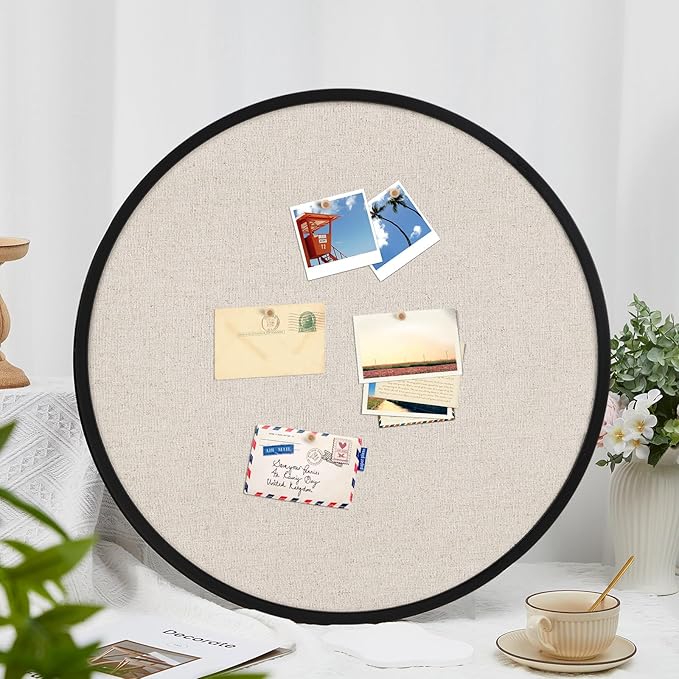 Vintage Framed Pin Board Linen Display Bulletin Board Large Ornate Fabric Picture Photo Pinboard Memo Decorative Prayer Pinboard Ornate for Wall Gift(Round,24'' X 24'',Modern Black)
