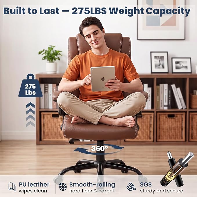 Ergonomic Office Chair, High Back Leather Executive Desk Chair | Inflatable Lumbar Support, Padded Arms for Elbow Comfort, Heavy-Duty Rocking Chair for All-Day Sitting, Plush Wide Seat Brown
