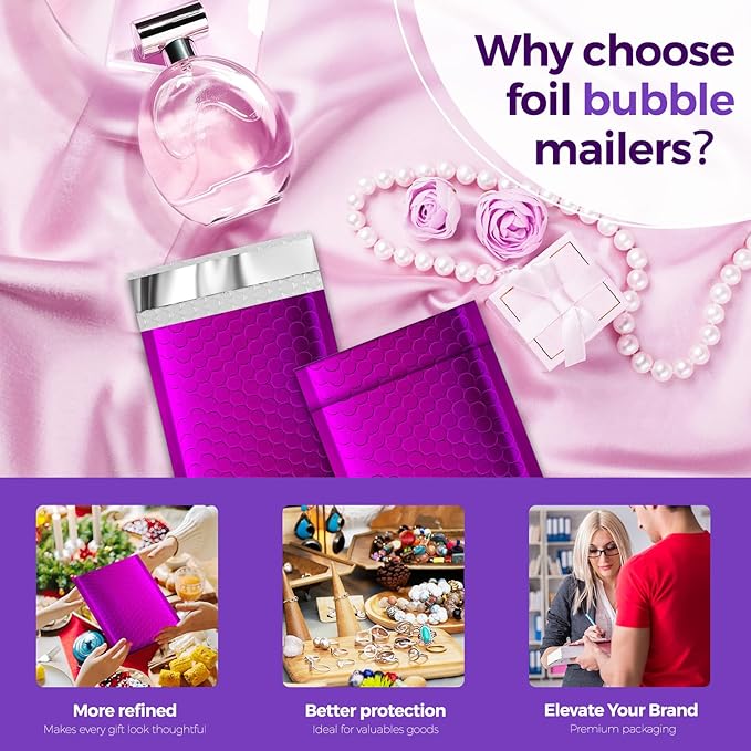 Fuxury Foil Bubble Mailers 4x8" 50 Pack,Sturdy Padded Envelopes Usable Size 4x7",Strong Adhesion Bubble Shipping Envelopes,Thick Opaque Shipping Bags for Mailing Jewelry Makeup Gift Small Item Purple