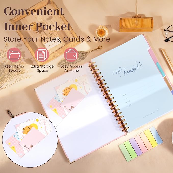 Yoment Hardcover Spiral Notebooks for Work 240 Pages Notebook with Dividers | Multi 5 Subject Notebook College Ruled with Tabs, B5 Lined Journals for Writing, Back to School, Gifts, Pink
