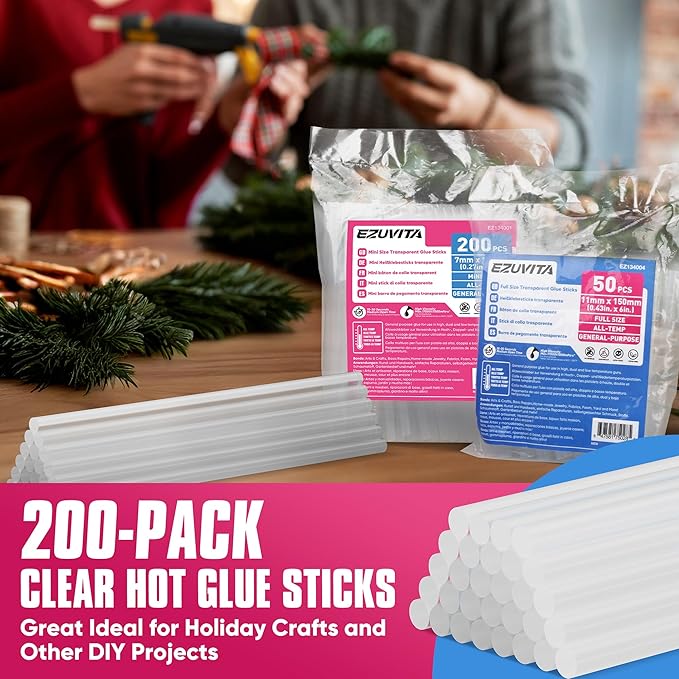 EZUVITA Mini Size Hot Glue Sticks, 0.27” Dia x 6” Long, 200-Pack Clear Hot Melt Glue Gun Sticks for All-Temp Mini Glue Guns, Multipurpose for DIY Art Craft General Repairs, Festival Decorations