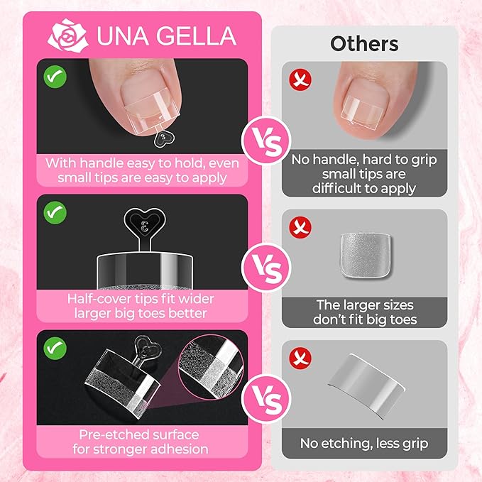 UNA GELLA Half Cover Square Toe Nail Tips For Big Wider Toe, 510Pcs 15Sizes Soft Gel Pre-etched Fake Toenails Press On Nails For Nail Extensions Home DIY Nail Salon