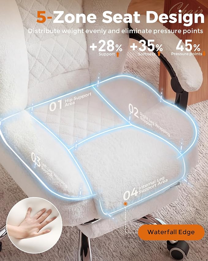 GTPLAYER Big and Tall Office Chair with Pocket Spring Cushion & Ergonomic Lumbar Support for Lower Back Pain Relief, High Back Computer Gaming Chair with Foot Rest, Comfy Teddy Fleece, White