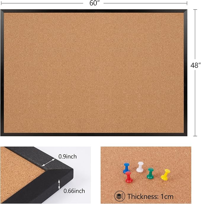 Extra Large Cork Bulletin Board 60" X 48", Black Wood Framed 5'x4' Corkboard for Wall, Wall Mounted Notice Pin Board with 18 Push Pins for School, Home & Office