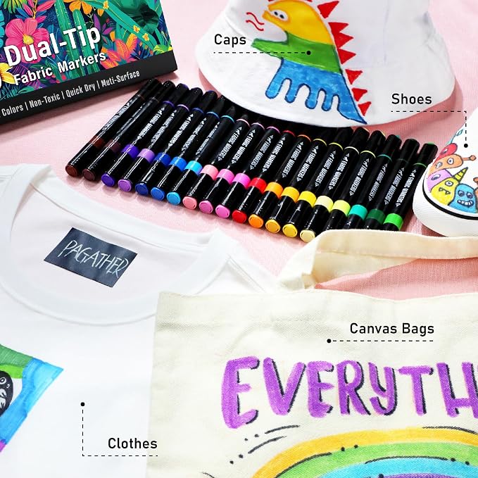 Pagather Fabric Markers, 40 Colors Dual Tip Pens for Clothes | For T-Shirts, Tote Bags, Canvas, Shoes & DIY Fabric Projects, Create Detailed Designs and Creative Patterns