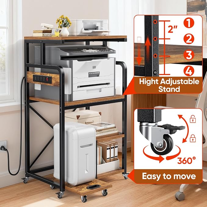 POKIPO 4 Tier Large Printer Stand Table with Power Outlet Adjustable Shelf | 26.7" x 21.2" x 50.2" Tall Cart,Fit 2/3 printers, Rolling with Wheels,Home Office Kitchen Stand,for 3D Printer Paper Shredder