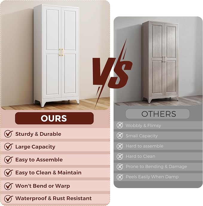 75" Metal Kitchen Pantry Cabinet, Storage Cabinets with 2 Doors | Kitchen Cabinet with 5 Adjustable Shelves, Tall Food Pantry Cabinet, White Cupboard for Kitchen, Dining Room, Living Room