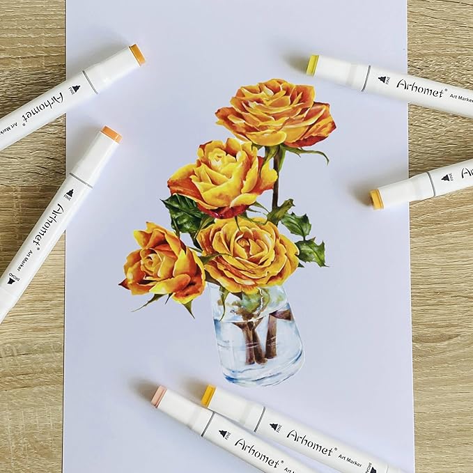 Arhomet 6 Colors Yellow Alcohol Markers Set, Dual Tips Art Markers Drawing Sketched Double Tipped for Adults(Yellow)
