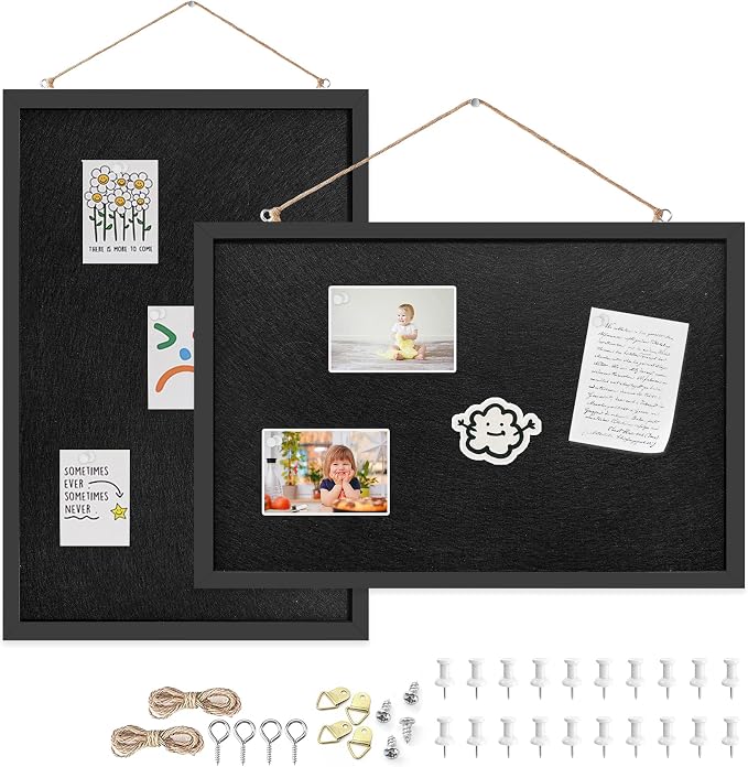2-Pack 12"x16" Black Framed Black Linen Bulletin Board, Framed Pin Board | Linen corkboard texture. Premium cork boards for walls and pin board office organizer.