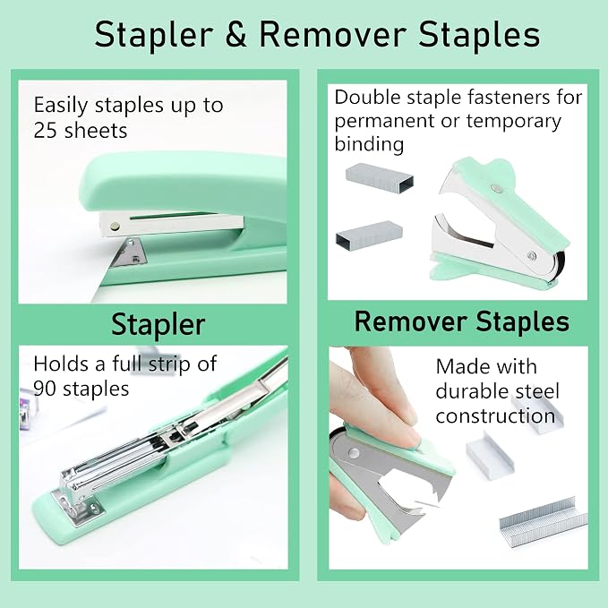 Green Desk Accessories, Green Office Supplies, Stapler, Staple Remover, Tape Holder, Pen Holder, Ballpoint Pen, Scissor, Binder Clips, Paper Clips and 1000pcs Staples.