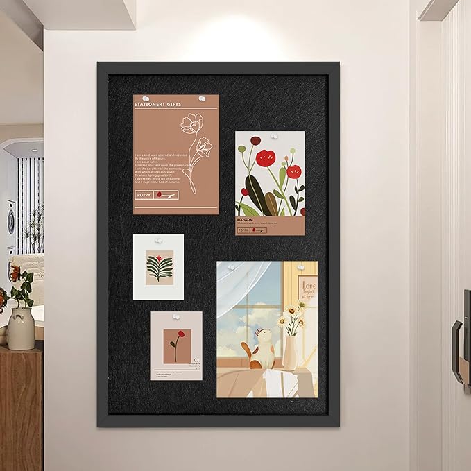 31.5"x48" Black Framed Black Linen Bulletin Board, Pin Board | Linen corkboard texture. Premium cork boards for walls and pin board office organizer.
