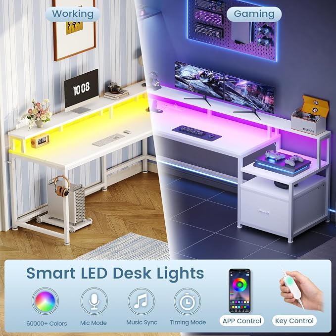 SEDETA 66" Reversible L Shaped Computer Desk with Power Outlet, File Drawer | Home Office Desk with Monitor Shelf, Storage Shelves, LED Lights for Corner Small Spaces, Gaming, White