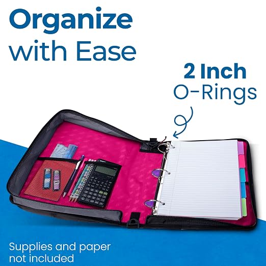 Case-it Universal Zipper Binder | 2-Inch O-Rings, 13-Inch Laptop/Tablet Padded Pocket, 400 Sheet Capacity, Multiple Storage Pockets & Shoulder Strap | School & Office Organizer | LT-007 Magenta