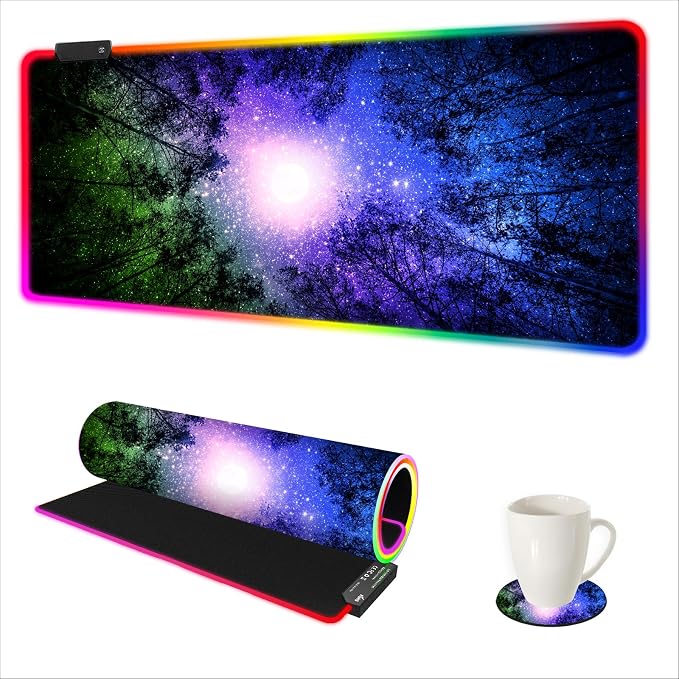 Gaming Mouse Pad RGB Starry Sky, Forest Large Mousepad with Non-Slip Rubber Base, Cool XXL Computer Desk Pad, 35.4 x15.7In Big Gaming LED Light Up Mouse Pad for Gamer
