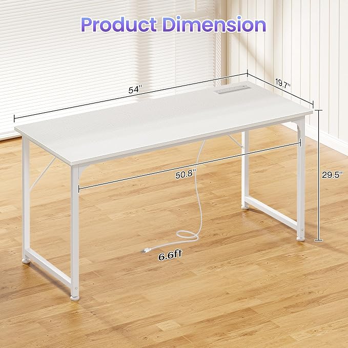 55 X 20 Inch Computer Desk, Power Outlets, USB-C, White | Office Desk with 4 AC Outlets, USB & USB-C, Sturdy Metal Frame, Spacious Desktop for Work, Writing, Study & Gaming
