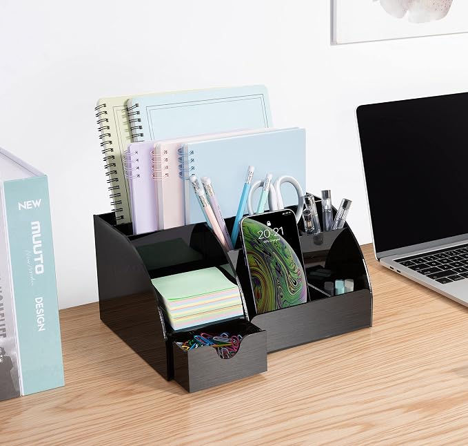 Black Desk Organizer with 9 Compartments - Desktop Office Supplies and Desk Accessories Organizer