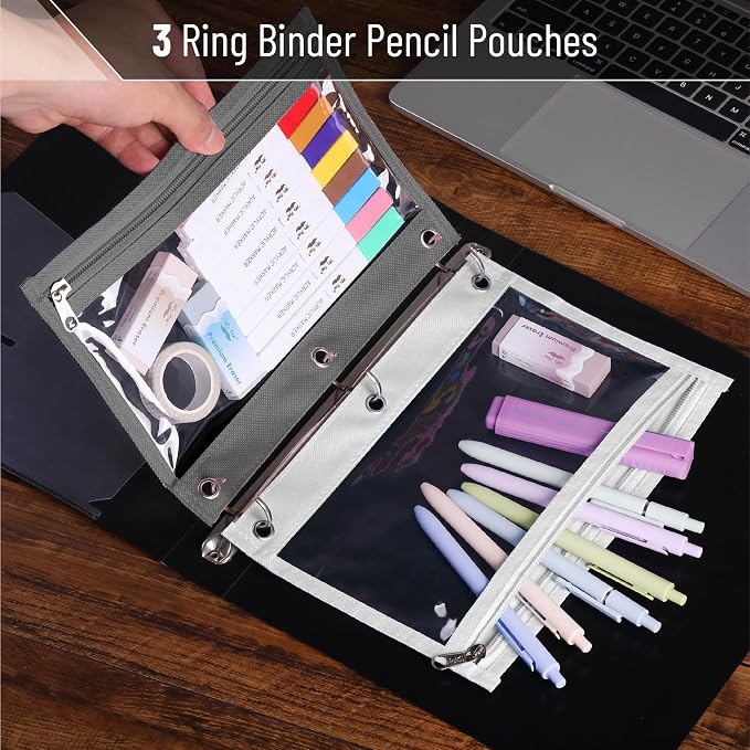 Mr. Pen- Pencil Pouch for 3 Ring Binder, 5 Pack, 10"x7", Smooth Zipper | Clear Window, Large Capacity Pencil Case with 3 Reinforced Grommets for School, Office, Supplies Storage | Clear Window, Large Capacity Pencil Case with 3 Reinforced Grommets for ...