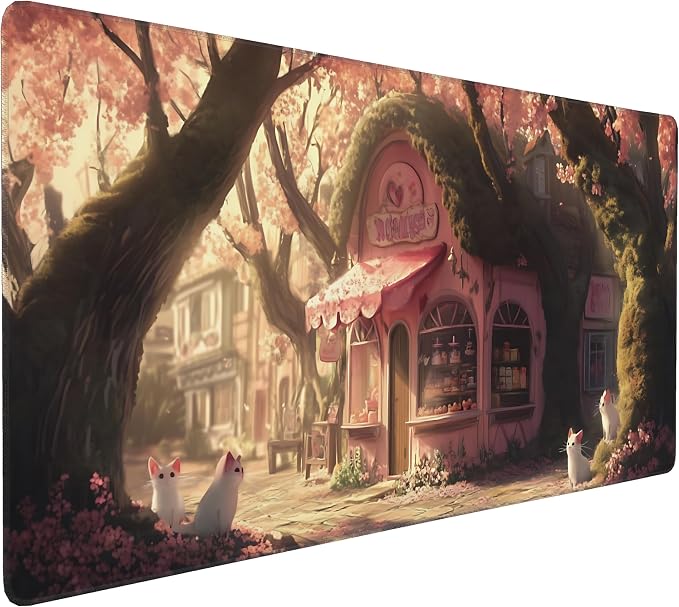 Cute Anime White Cat Gaming Mouse Pad, Pink Dreamy Desk Mat with Anti-Slip Base & Stitched Edges, Office Supplies & Desk Decor for Women, 35.4" x 15.7" in Home Office