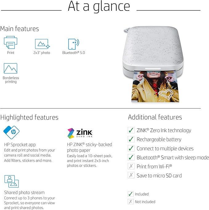 HP Sprocket 2x3 Instant Smartphone Photo Printer 75 Sheets Bundle - Bluetooth Portable Color Wireless Mobile Printer (Luna Pearl) Zink Sticky-Back Photos