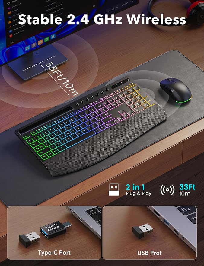 Trueque Wireless Keyboard and Mouse Combo, 4000mAh Battery, Wrist Rest | Rechargeable, 15 Backlit Effects, Full Size, Phone Holder, Quiet Typing, 2.4GHz Wireless, USB-A & C Connectivity for Windows