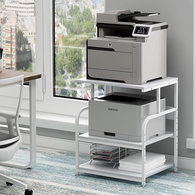 Fannova White Printer Stand Table, 23.6"x18.9"x30" Large Size with Storage | Height Adjustable Middle Shelf, Heavy Duty Industrial Wheels, 3 Tier Rolling Cart for 3D Printer, Home Office Furniture