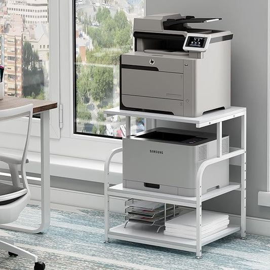 Fannova White Printer Stand Table, 23.6"x18.9"x30" Large Size with Storage | Height Adjustable Middle Shelf, Heavy Duty Industrial Wheels, 3 Tier Rolling Cart for 3D Printer, Home Office Furniture