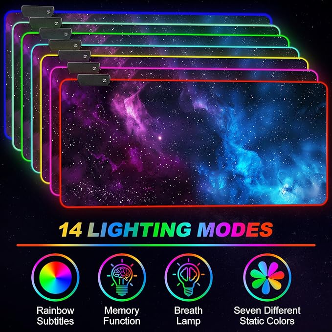 RGB Mouse Pad Led,XXL Large Mouse Pad Purple Blue Starry Nebula, Big Mouse mat Computer Mousepad with 14 Light Modes, 35.4 x15.7 Inch Keyboard Mat