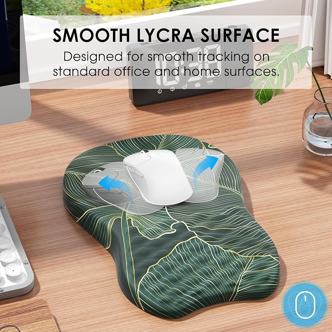 MROCO Ergonomic Mouse Pad with Wrist Support, 11.8 x 7.8 in, Green Leaves | Memory Foam Wrist Rest Mouse Pad, Non-Slip Base, Smooth Lycra Surface for Office & Home, Comfortable Wrist Support