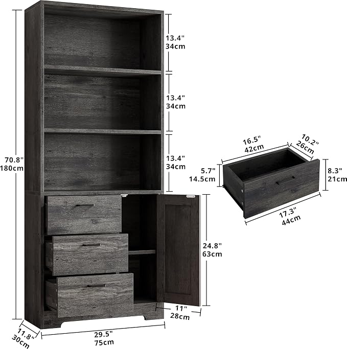 IRONCK 71 in Bookshelf with Doors and Drawers, Industrial Tall Bookcase | Engineered wood with 3-tier shelves, 3 drawers, enclosed storage, anti-tip hardware, 132 lb maximum capacity, for home office