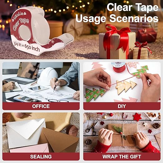 Tape,Gift Wrapping Tape, 6 Rolls with Dispensers, Includes Invisible, Double-Sided and Clear Tape for Wrapping Paper, Back to School, Home, Office, Christmas, Holiday