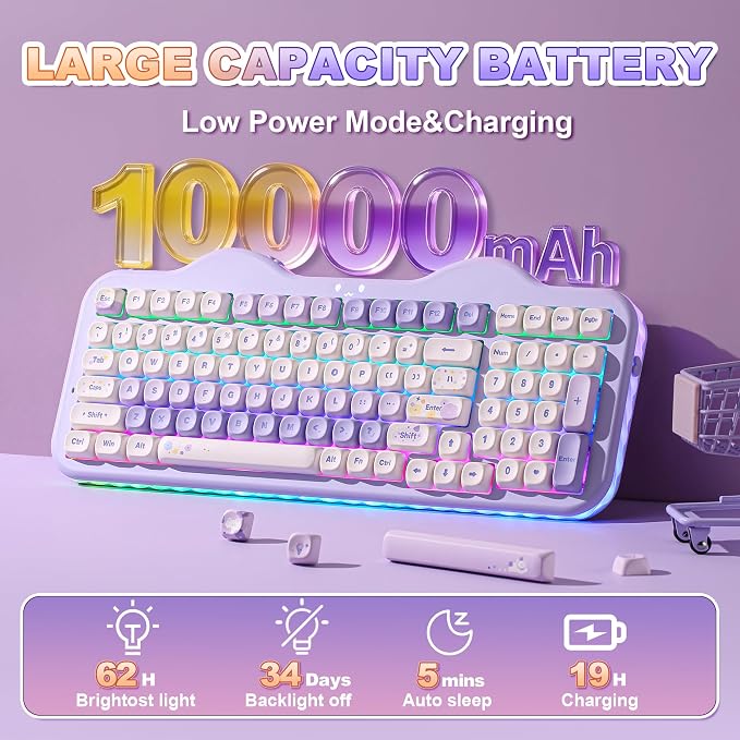 YUNZII C98 Cute Cake Wireless Mechanical Keyboard (Purple, Candy Switch) | 99 Keys with Number Pad, Hot Swap, PBT MOA Keycaps, BT5.0/2.4G/USB-C, Gasket Mount, Custom RGB Backlit for Win/Mac