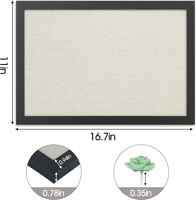 AKTOP Cork Board Bulletin Board with Linen 16.7" X 11", Small Framed Corkboard for Wall, Hanging Pin Board Picture Board for Home Office Decor, Cute Vision Board with 8 Pushpins (Classic Black)