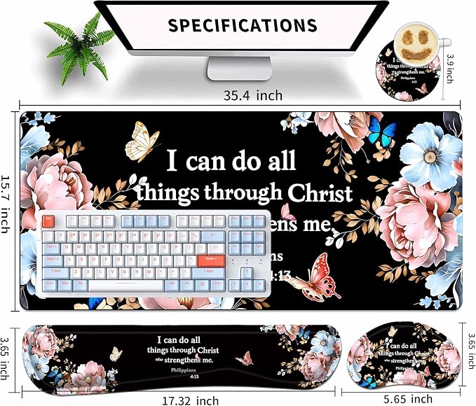 Extended Large Mouse Pad Set 31.5 x 15.7 – Christian Floral All-in-One Desk Set with Keyboard Wrist Rest, Mouse Wrist Rest & Coaster, Ergonomic Desk Accessories for Women, Faith-Inspired Office Gift