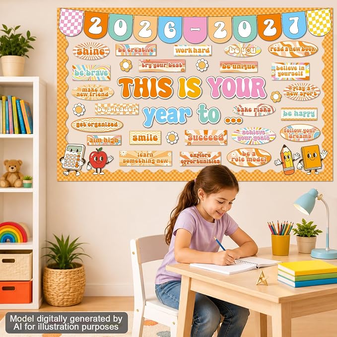 This is Your Year to Bulletin Board Set Hippie Motivational Classroom Decorations Welcome Back to School Paper Cutouts Hippie Inspirational Bulletin Board Border for Office Chalkboard Wall Door Decor
